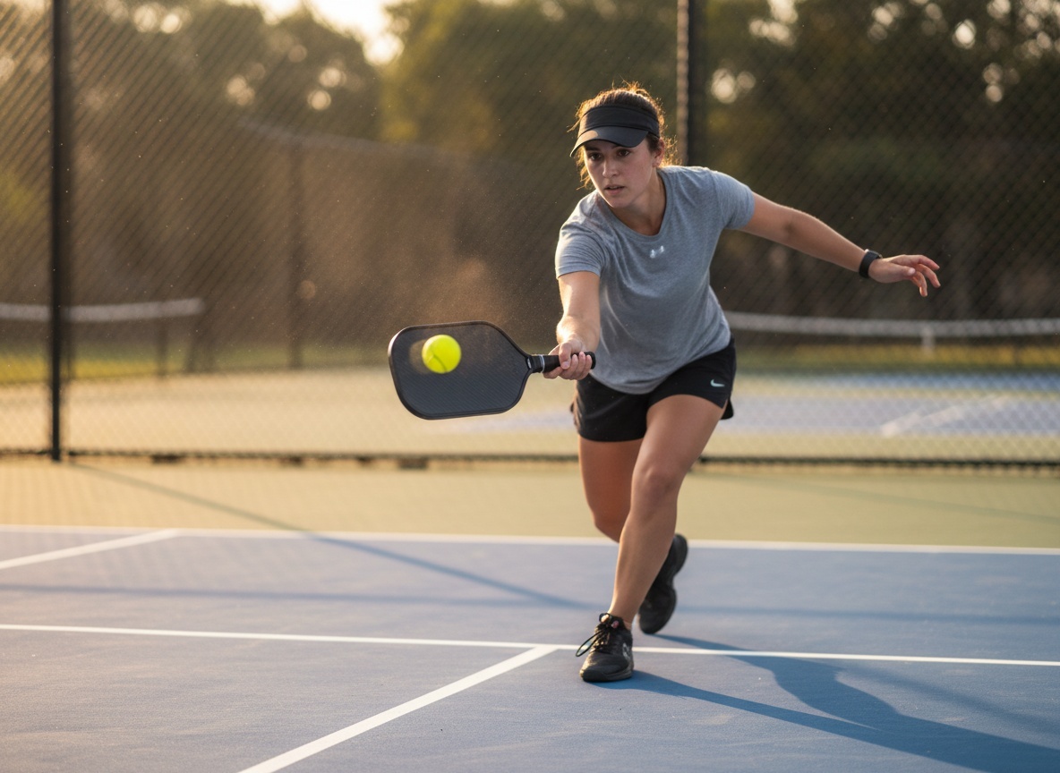 Pickleball player hitting forehand drive near baseline, paddle face visible in motion, outdoor court golden hour