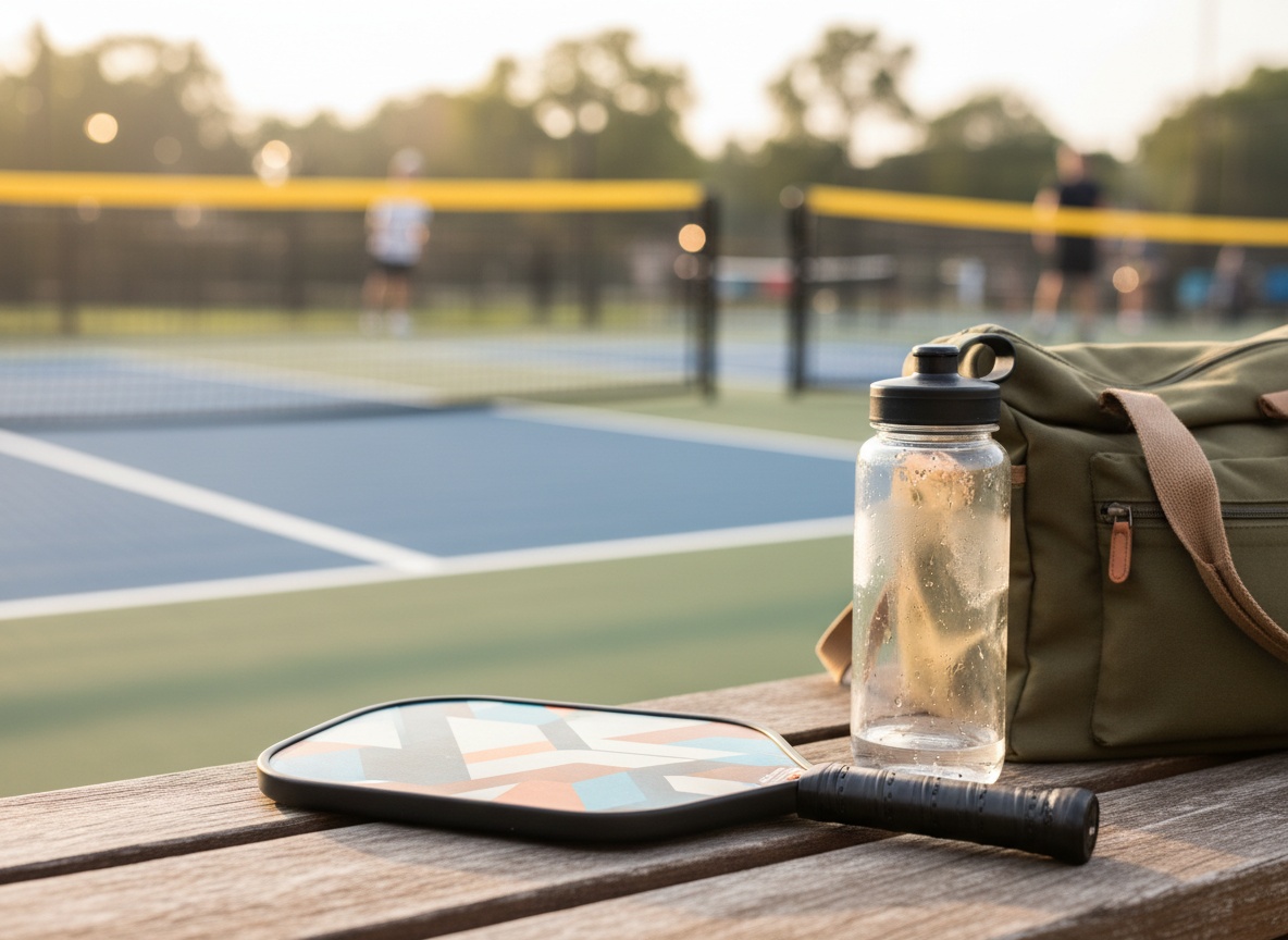 Pickleball paddle and gear resting on a courtside bench next to a water bottle