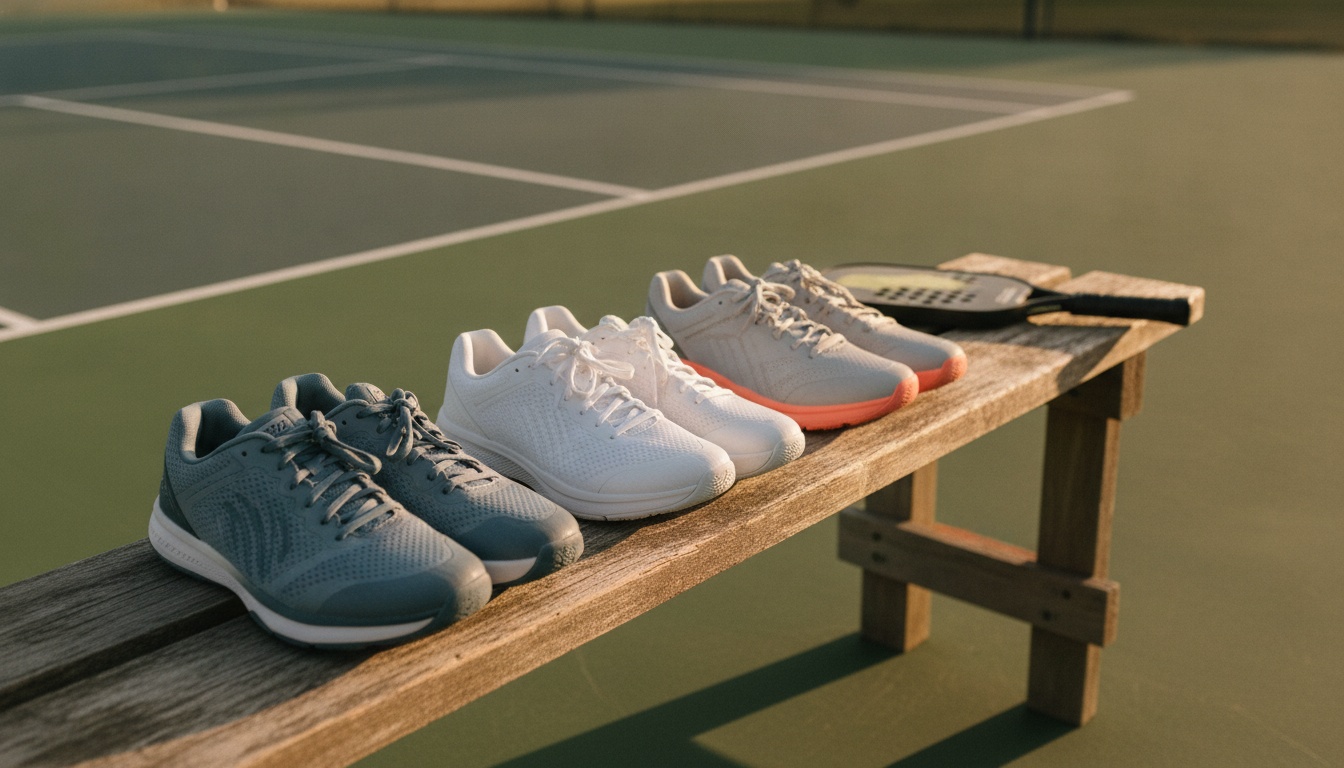Three pairs of budget pickleball court shoes arranged on a bench beside an outdoor court