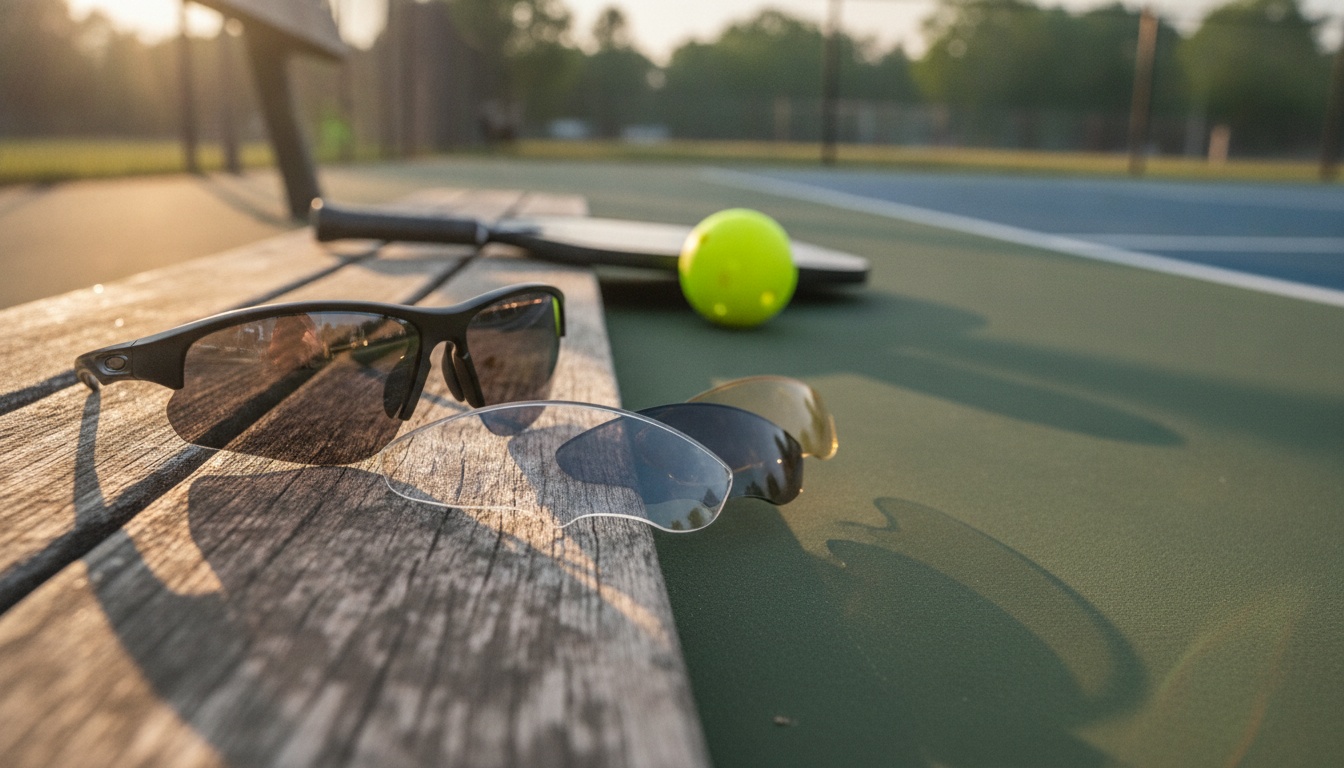 CRBN Drift pickleball glasses with interchangeable lenses on outdoor court bench