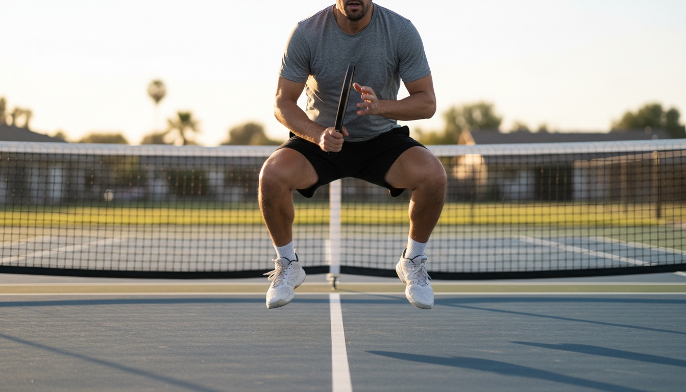 Pickleball player in split step ready position — proper footwork stance on outdoor court