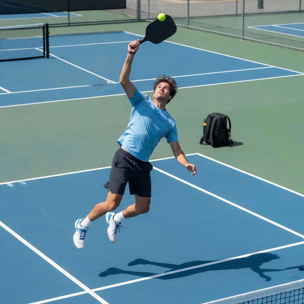 Pickleball player at full extension hitting overhead smash — proper contact point 1-2 feet in front of body showing ideal downward angle into opponent's court