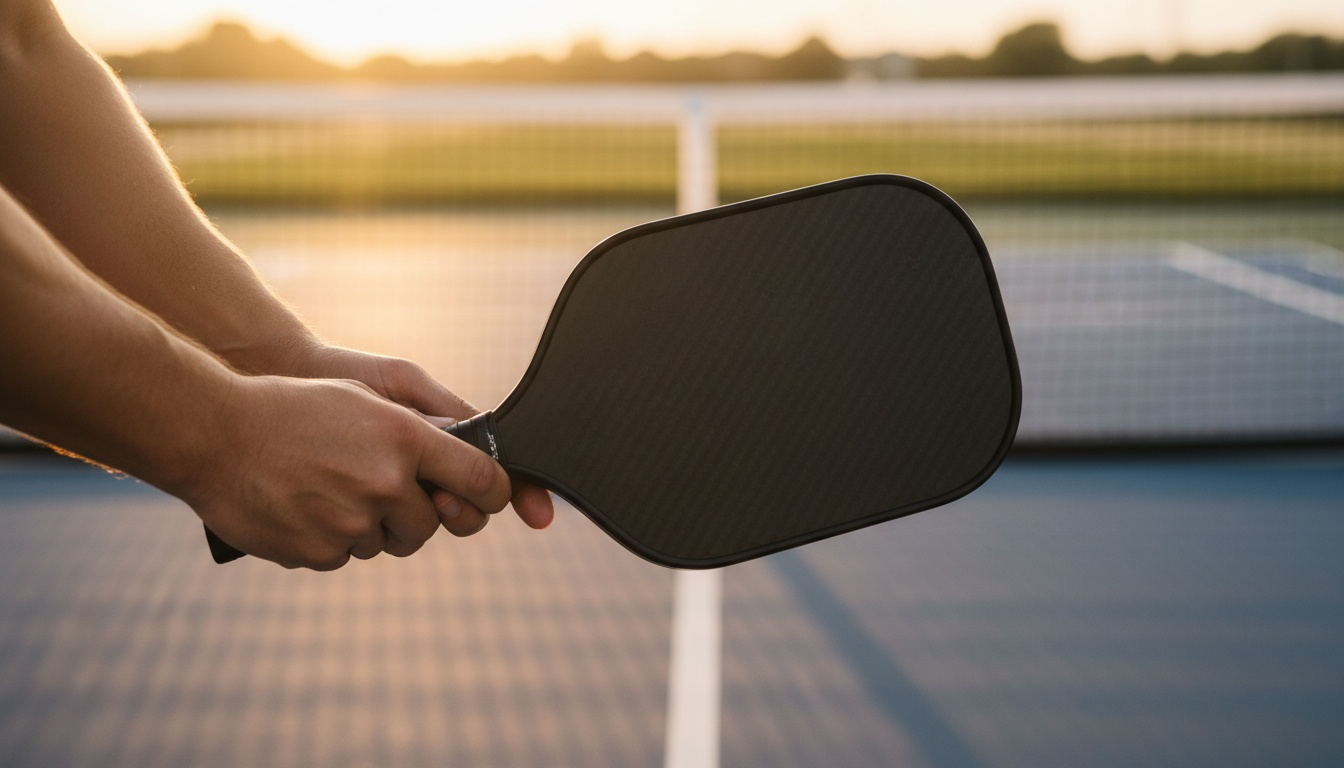 Player holding a carbon fiber pickleball paddle at a court at golden hour, ready position
