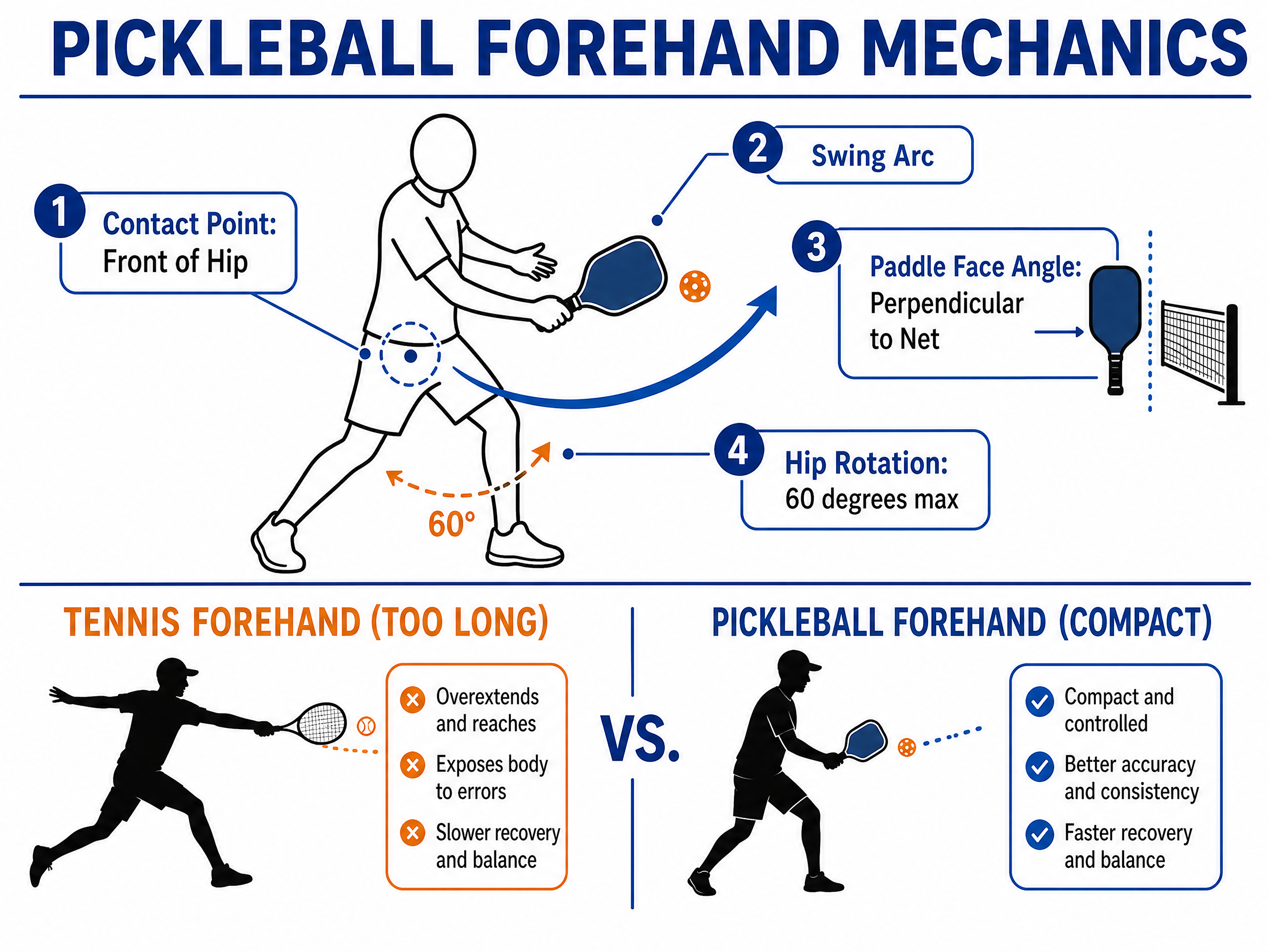 Pickleball forehand mechanics diagram showing contact point, swing arc, and hip rotation comparison vs tennis