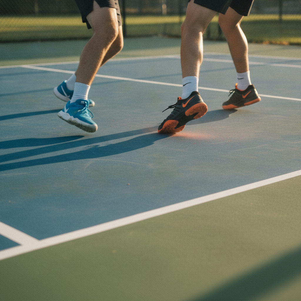 Two pickleball players mid-match on outdoor hard court, focusing on court shoe grip during lateral movement