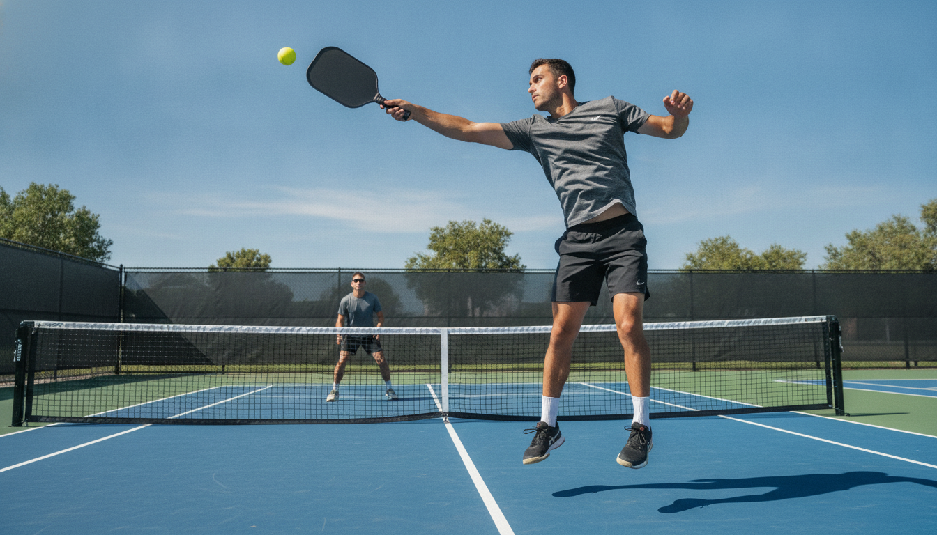 Pickleball player jumping for an overhead smash, arm fully extended, tracking a lob in the air