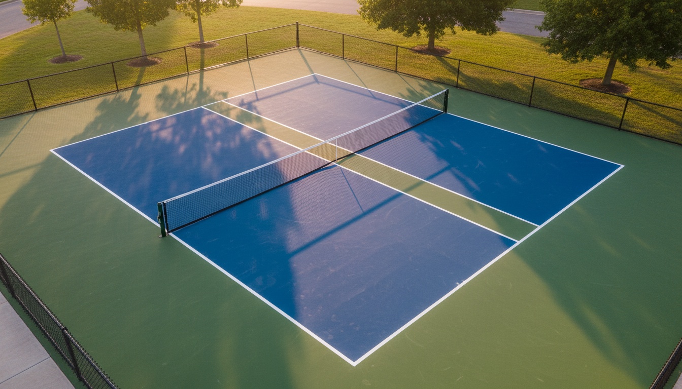 Aerial view of regulation pickleball court showing 20x44 foot dimensions and kitchen zone markings