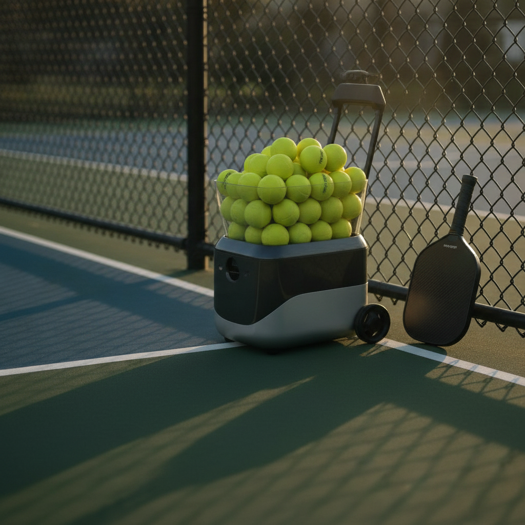 TITAN ONE pickleball ball machine on an outdoor court, suitcase-style design with trolley handle extended, ready for drill practice