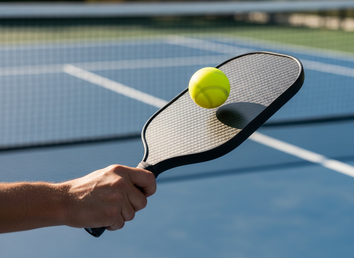 Close-up of pickleball paddle face during a third shot drop drill, slightly open face angle showing slice contact mechanics, relaxed forearm visible