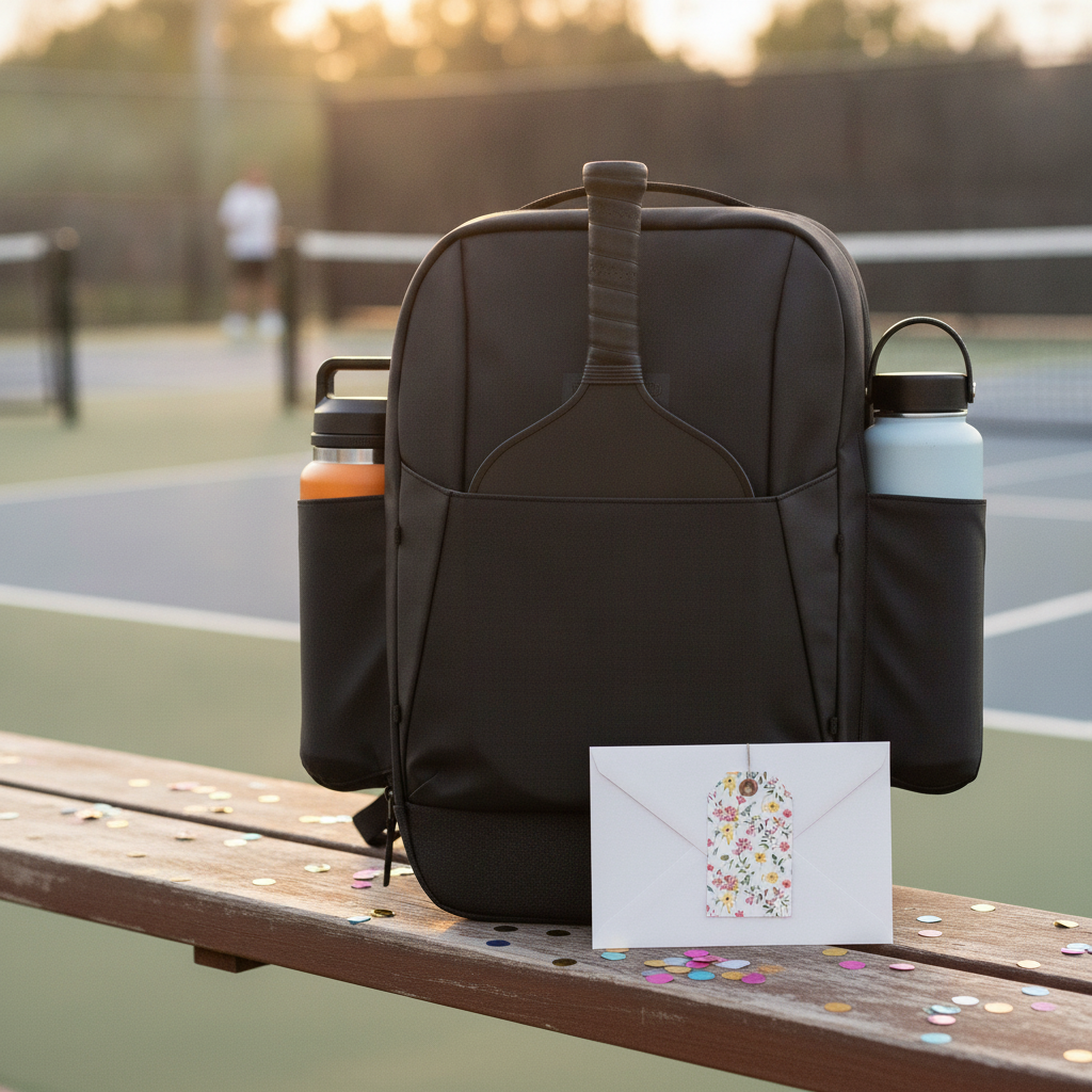 FORWRD pickleball backpack as bachelorette gift with gift tag on outdoor court bench