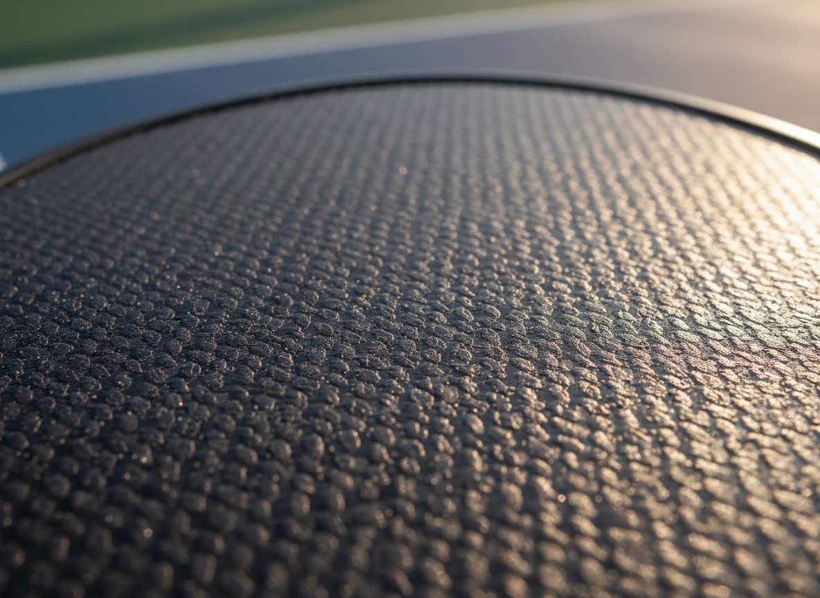 Close-up of textured carbon fiber paddle face in warm sunlight highlighting spin-generating surface texture, outdoor court in background