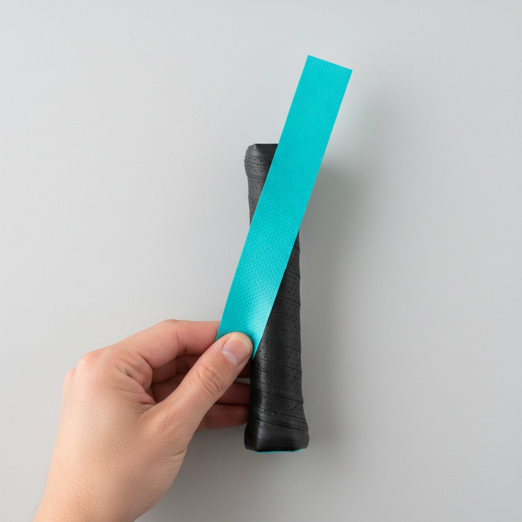 Overhead view showing correct 45-degree starting angle for applying pickleball grip tape to paddle handle
