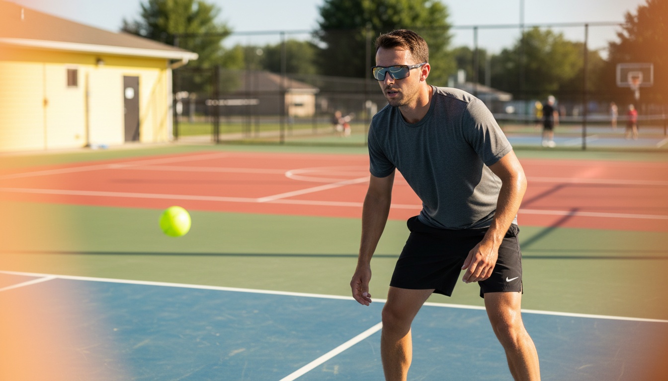 Pickleball player at the kitchen line squinting against bright outdoor sun, highlighting the need for quality pickleball eyewear