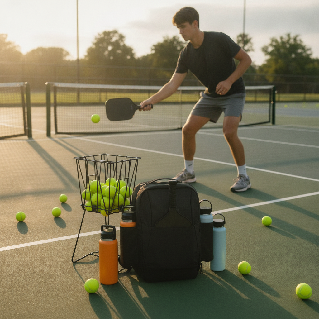 Pickleball player in focused drill session on outdoor court with training pickleballs and ball hopper