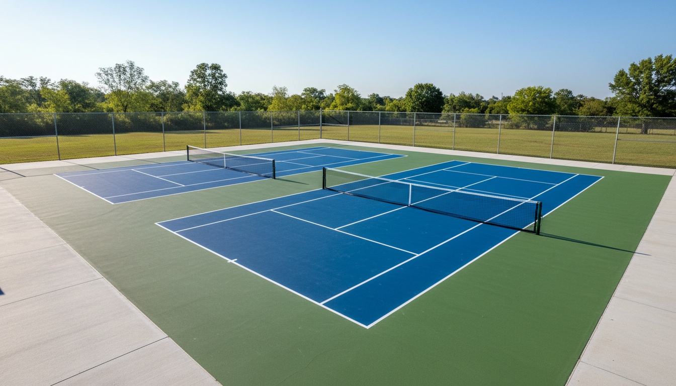 Outdoor tennis court converted with four pickleball courts overlaid using blue lines and portable nets