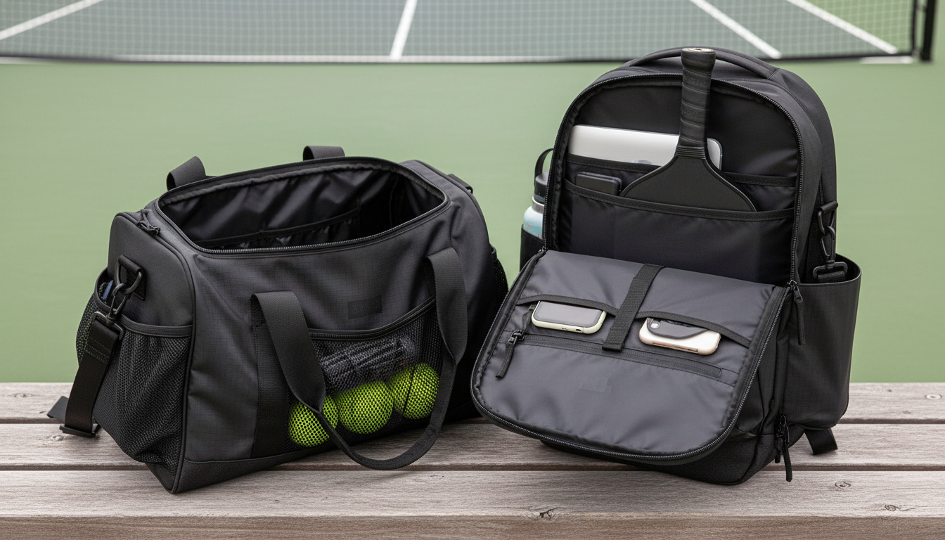 Pickleball bag open on gym bench showing dedicated shoe compartment with court shoes isolated from paddles