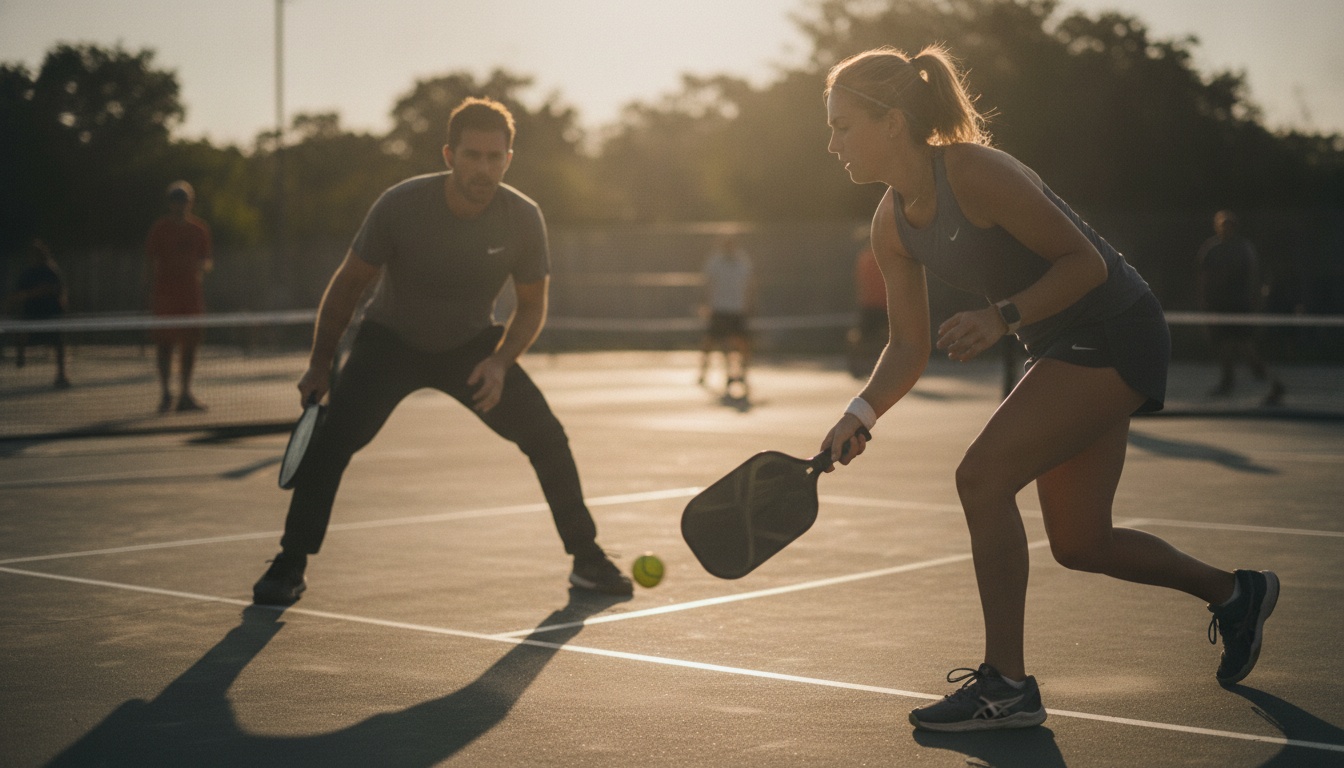 Pickleball players at the kitchen line during an intense rally, outdoor court golden hour