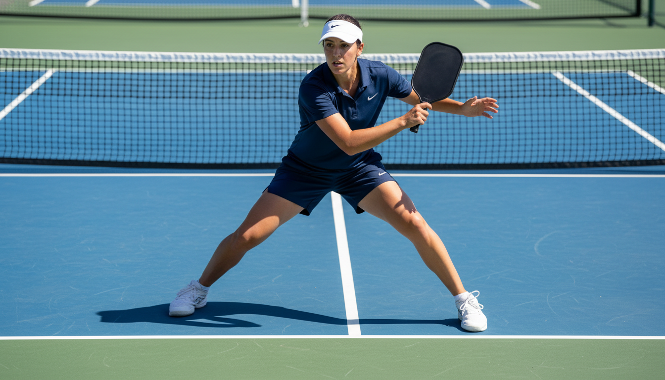 Pickleball player at the non-volley zone in aggressive attack stance — paddle at shoulder height ready to execute a speed-up