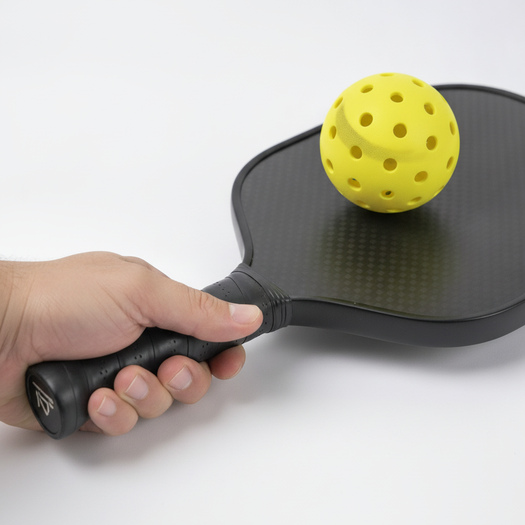 Close-up of a pickleball paddle grip and contact zone showing the brush contact point for generating topspin