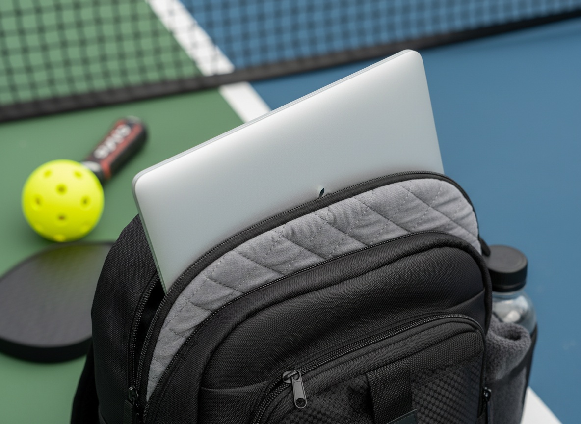 Laptop being removed from padded sleeve inside a premium pickleball backpack at courtside