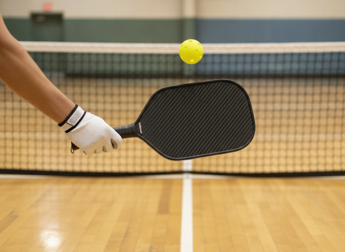 Player gripping a dark carbon fiber pickleball paddle at the non-volley zone during a rally