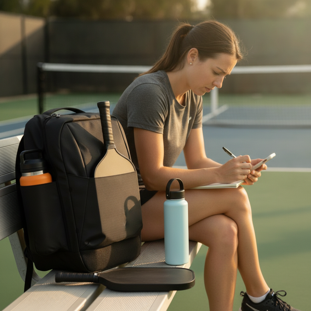 Pickleball player reviewing strategy notes at courtside bench during match changeover