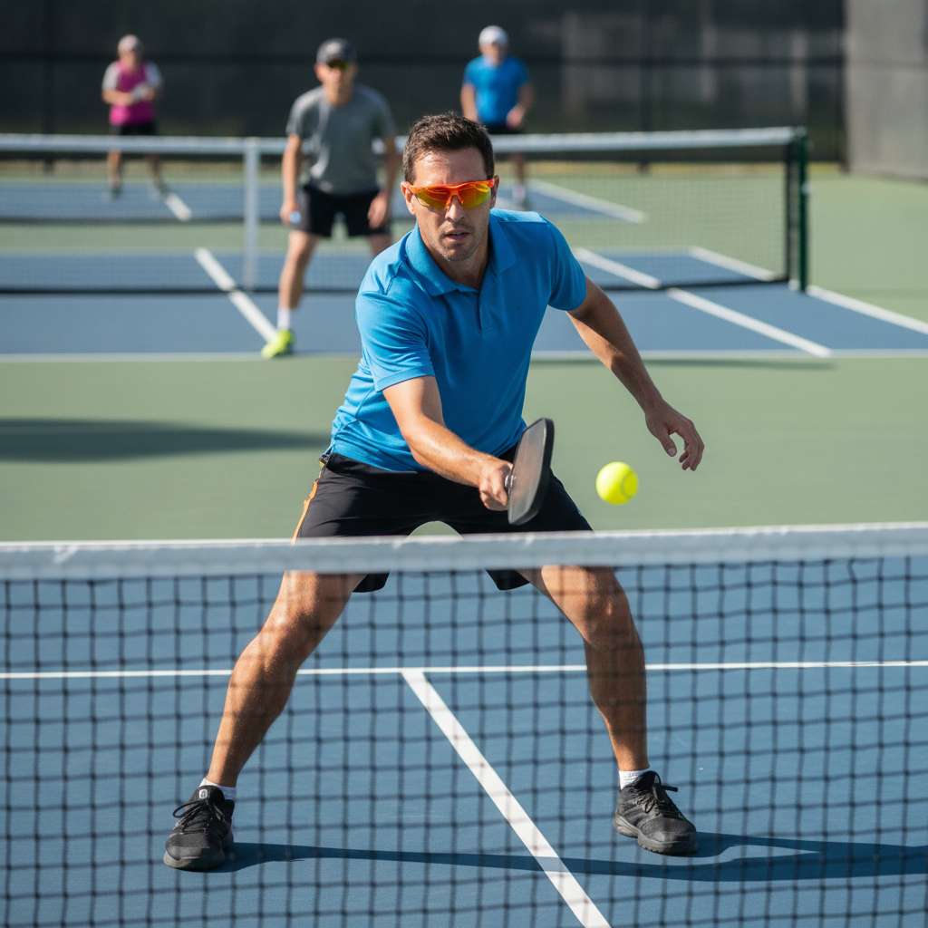 Pickleball player wearing bright orange ONIX Eagle sport glasses in active play stance at the non-volley zone on outdoor court