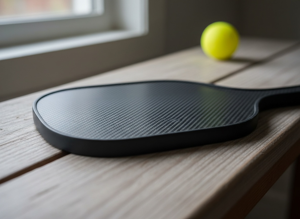Close-up of raw carbon fiber pickleball paddle face texture on a court bench
