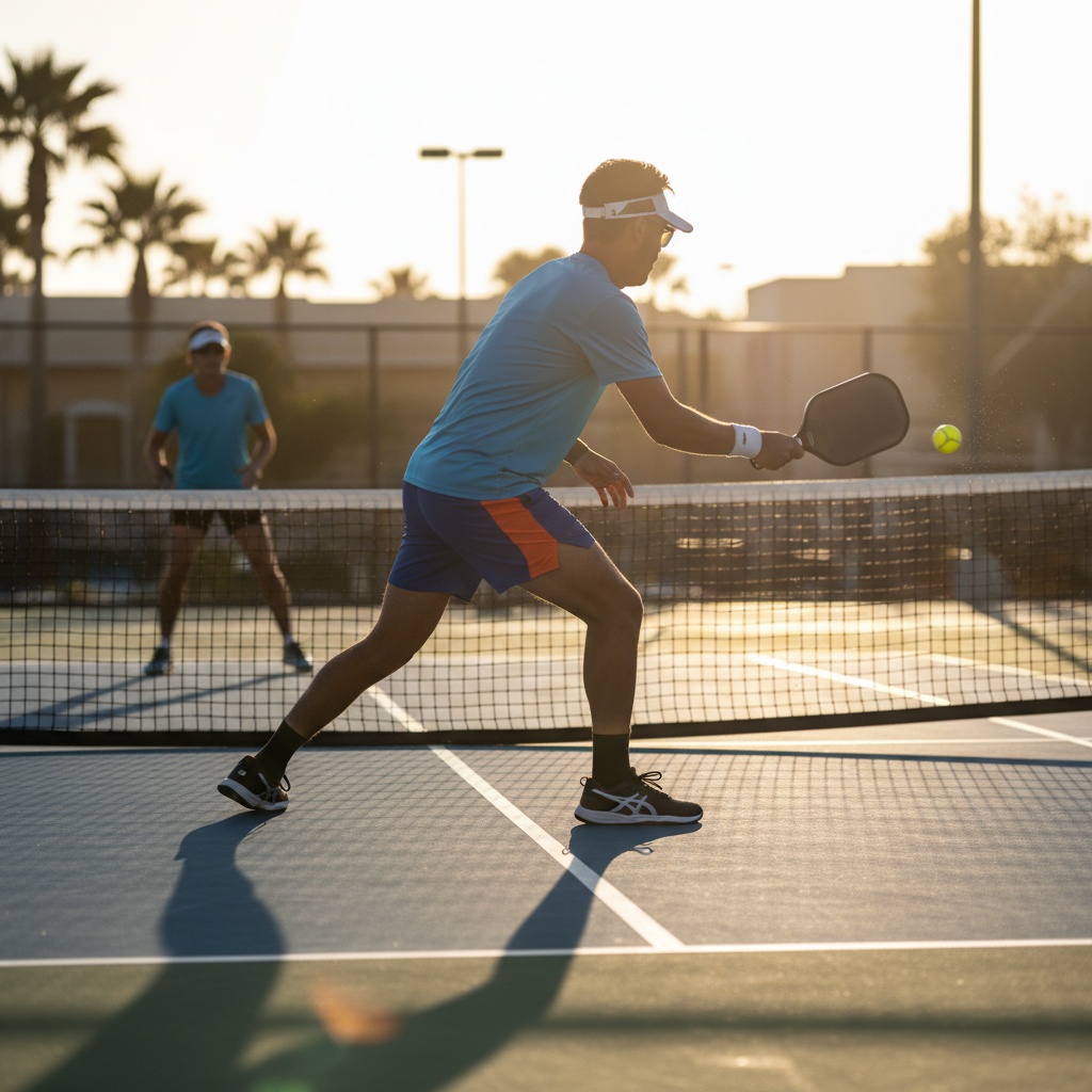 Pickleball player in action at the non-volley zone during outdoor play