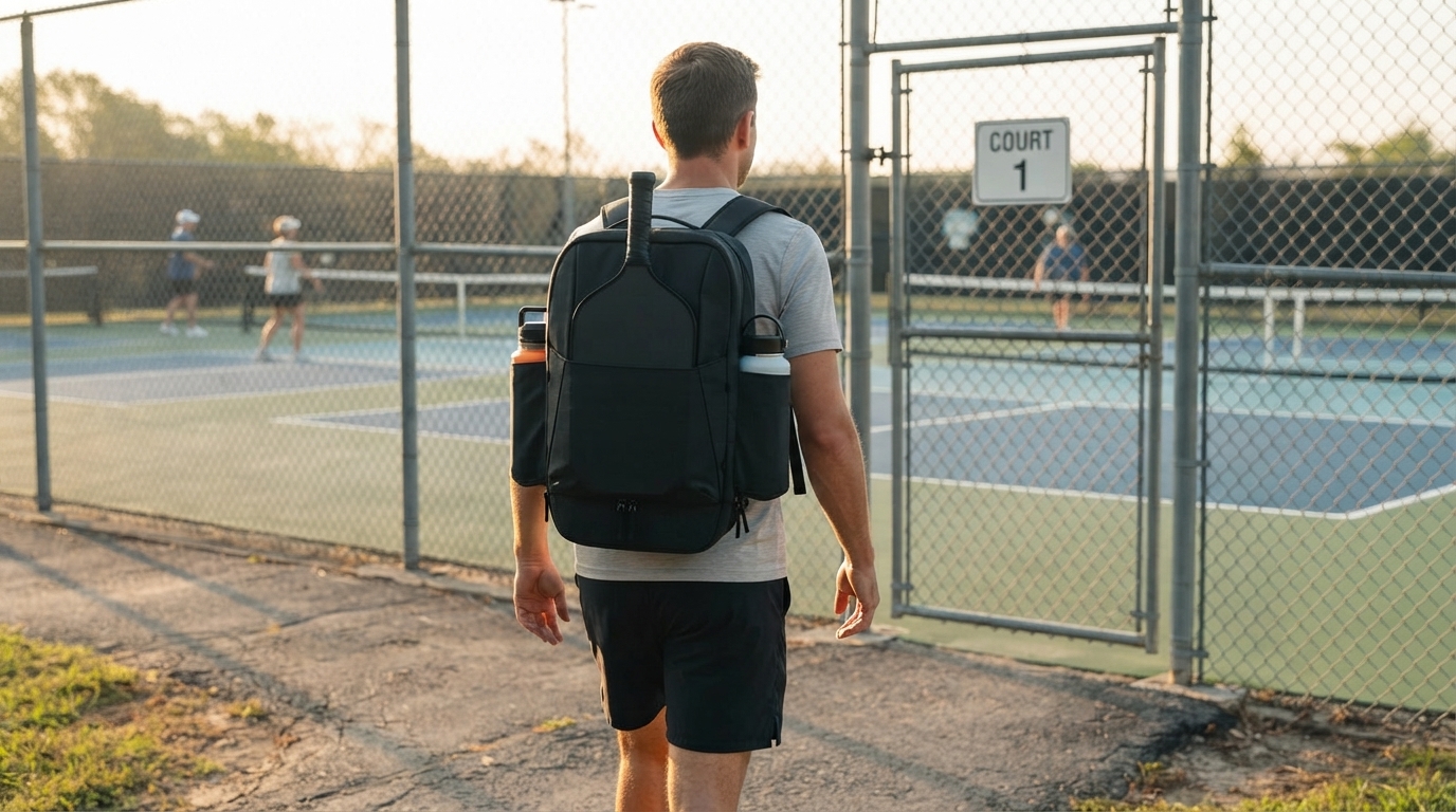 Pickleball player with backpack heading to outdoor court — FORWRD Court Ranger V2 vs CRBN Pro Team Backpack 2.0 comparison