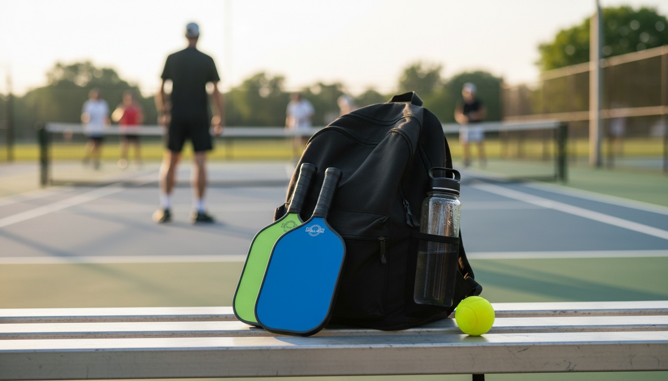 Pickleball bag and paddles on a courtside bench in afternoon sun