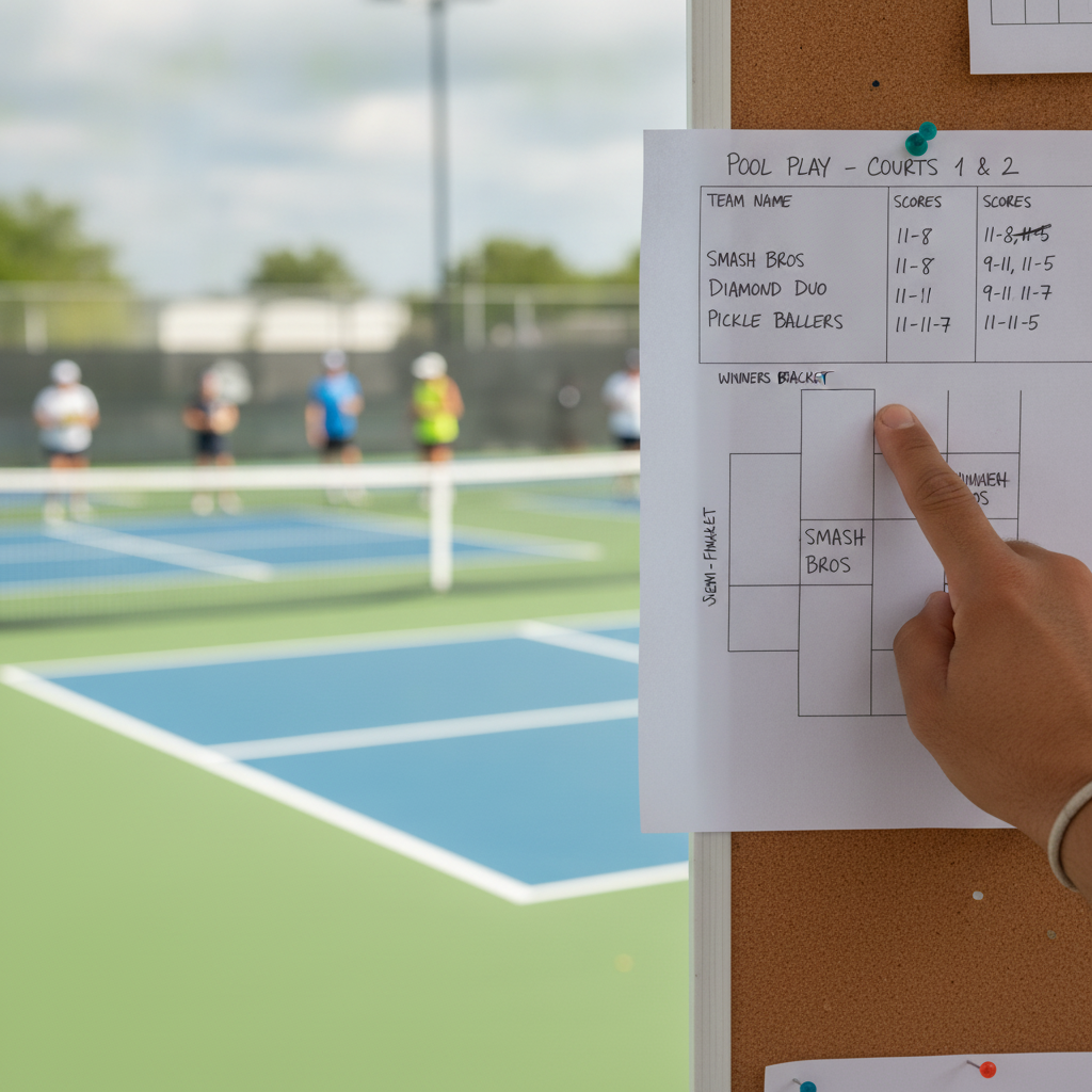 Tournament bracket sheet at pickleball facility showing pool play results and elimination draw