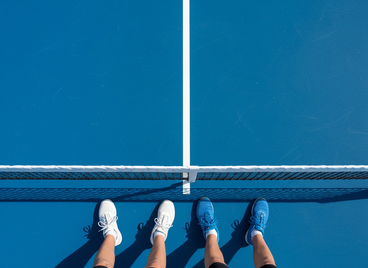 Overhead view of pickleball kitchen line showing correct foot positioning during a dinking rally