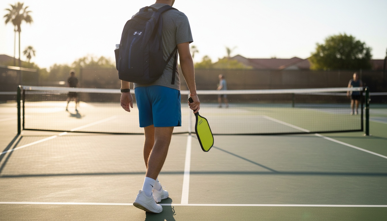 Pickleball player arriving at outdoor court with backpack and paddle