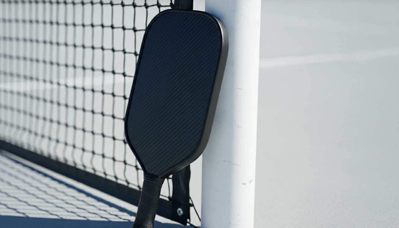 Mizuno AcroStrike SX pickleball paddle with carbon fiber face leaning against a pickleball court net post