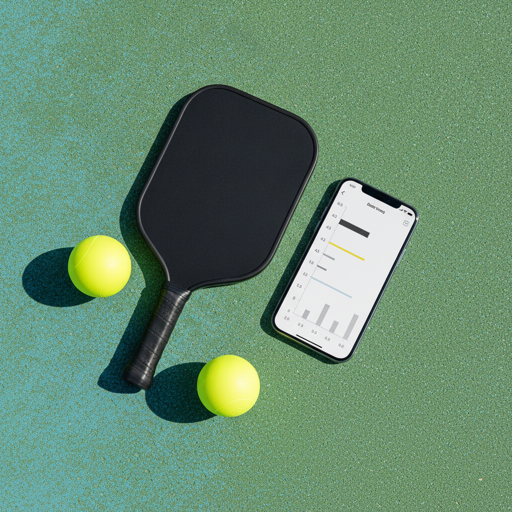 Smartphone displaying DUPR pickleball rating scale with pickleball paddle and ball on court surface