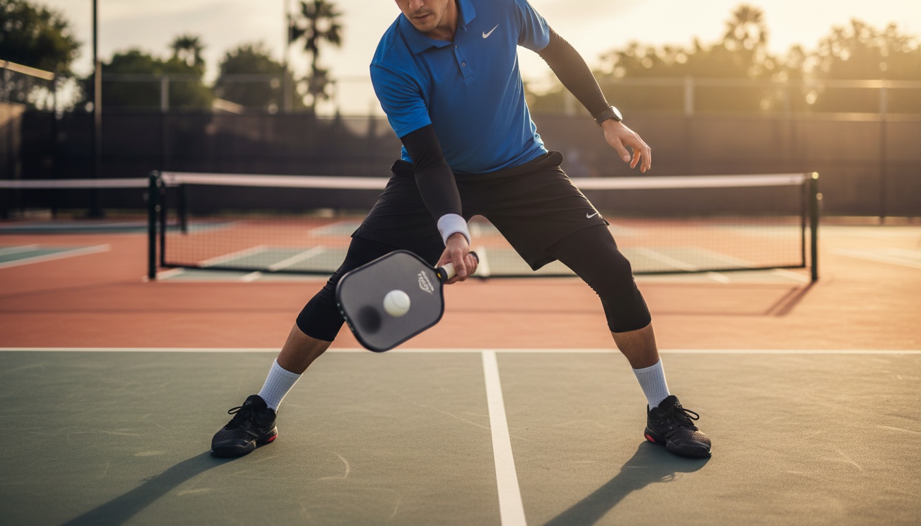 Pickleball player in action on outdoor hard court preparing forehand drive with carbon fiber paddle