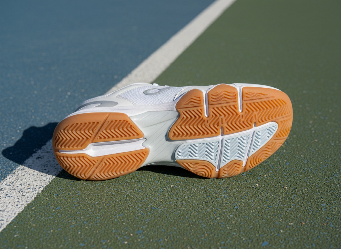 Close-up of white pickleball court shoe on outdoor hard court surface showing Adiwear rubber outsole traction pattern