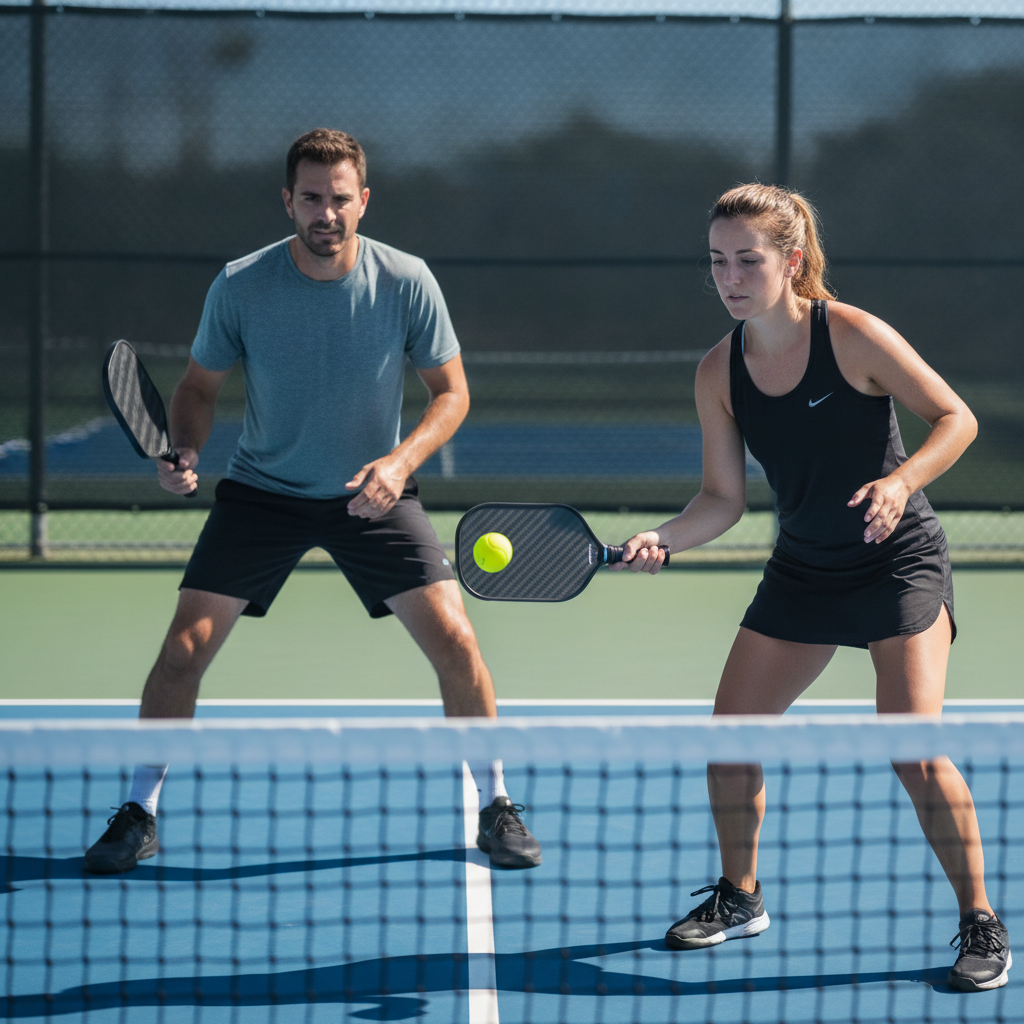 Players in a dinking rally at the kitchen line on an outdoor pickleball court