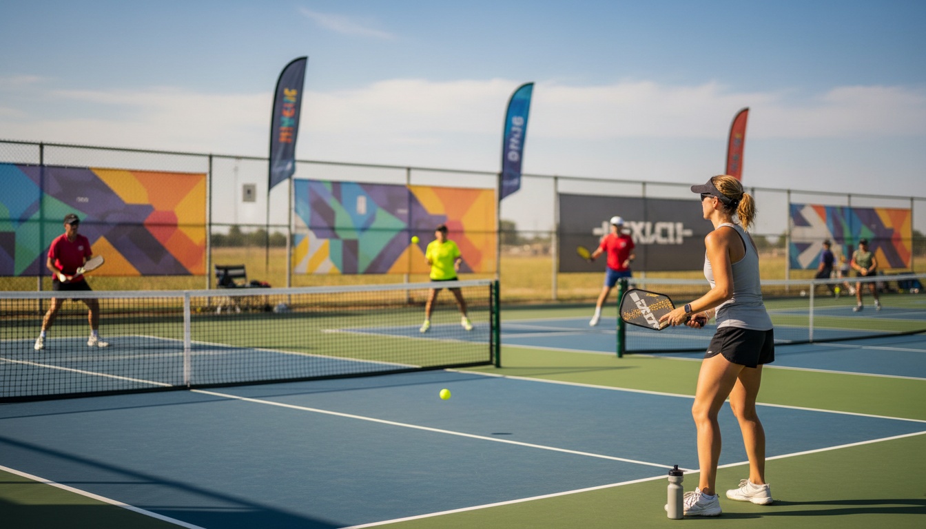 Outdoor pickleball tournament on a summer weekend — players competing on multiple courts in summer heat, Labor Day tournament atmosphere