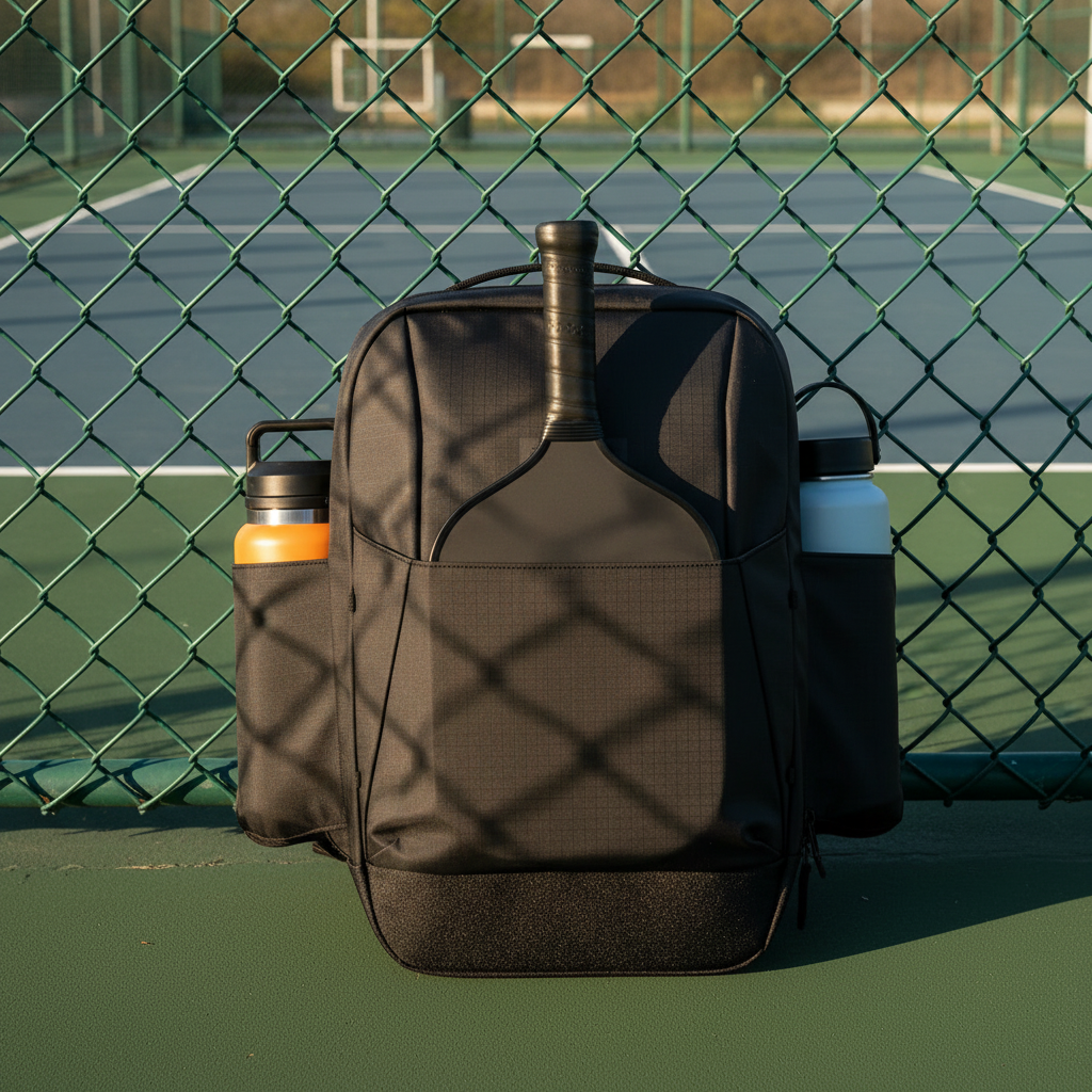 Pickleball bag courtside at an outdoor court in bright afternoon light