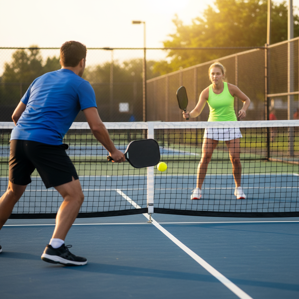 Close-up of court shoe outsole grip pattern on outdoor pickleball court during lateral movement