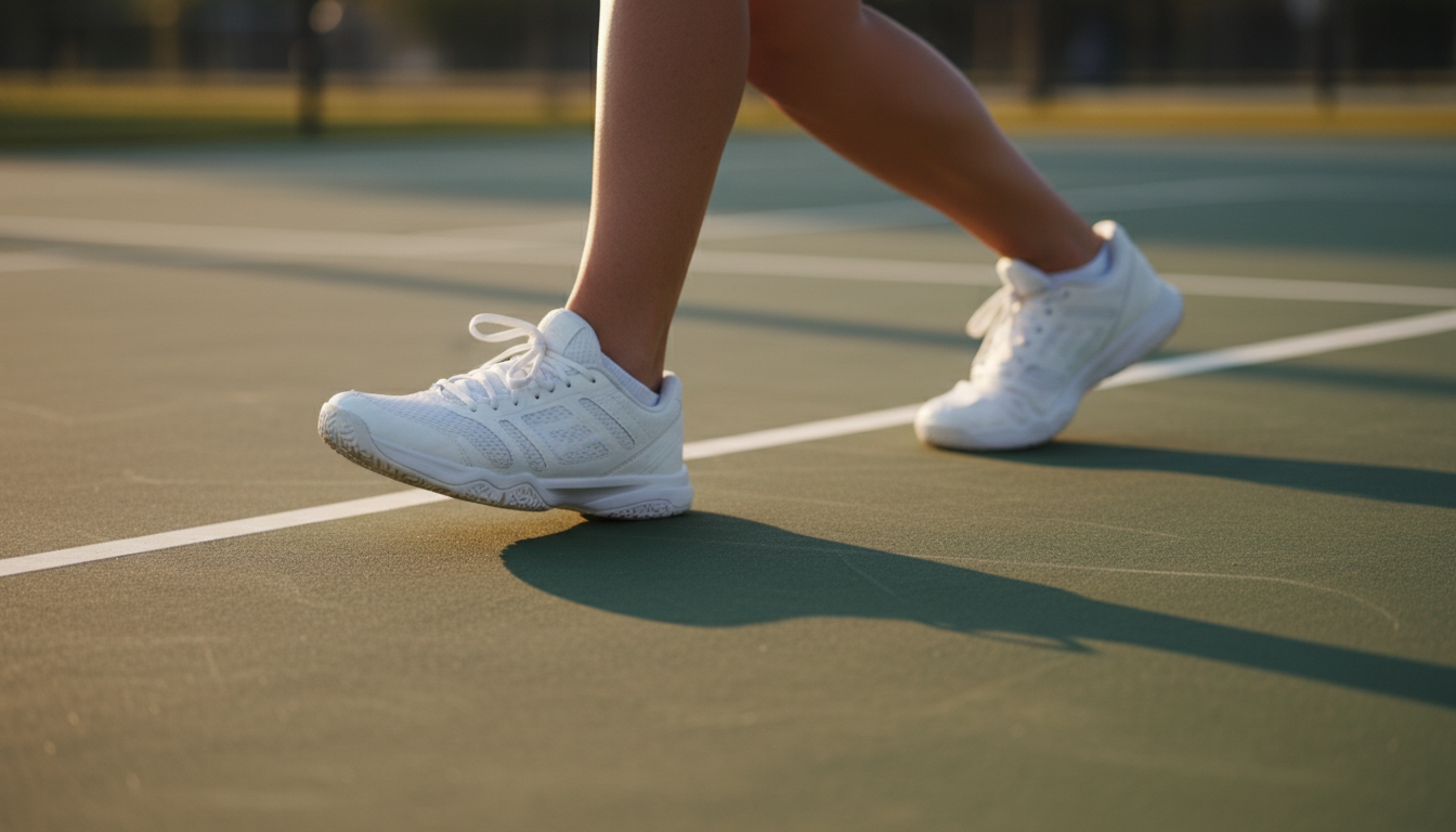 Wilson Rush Pro LITE pickleball shoe on an outdoor court showing lateral footwork position