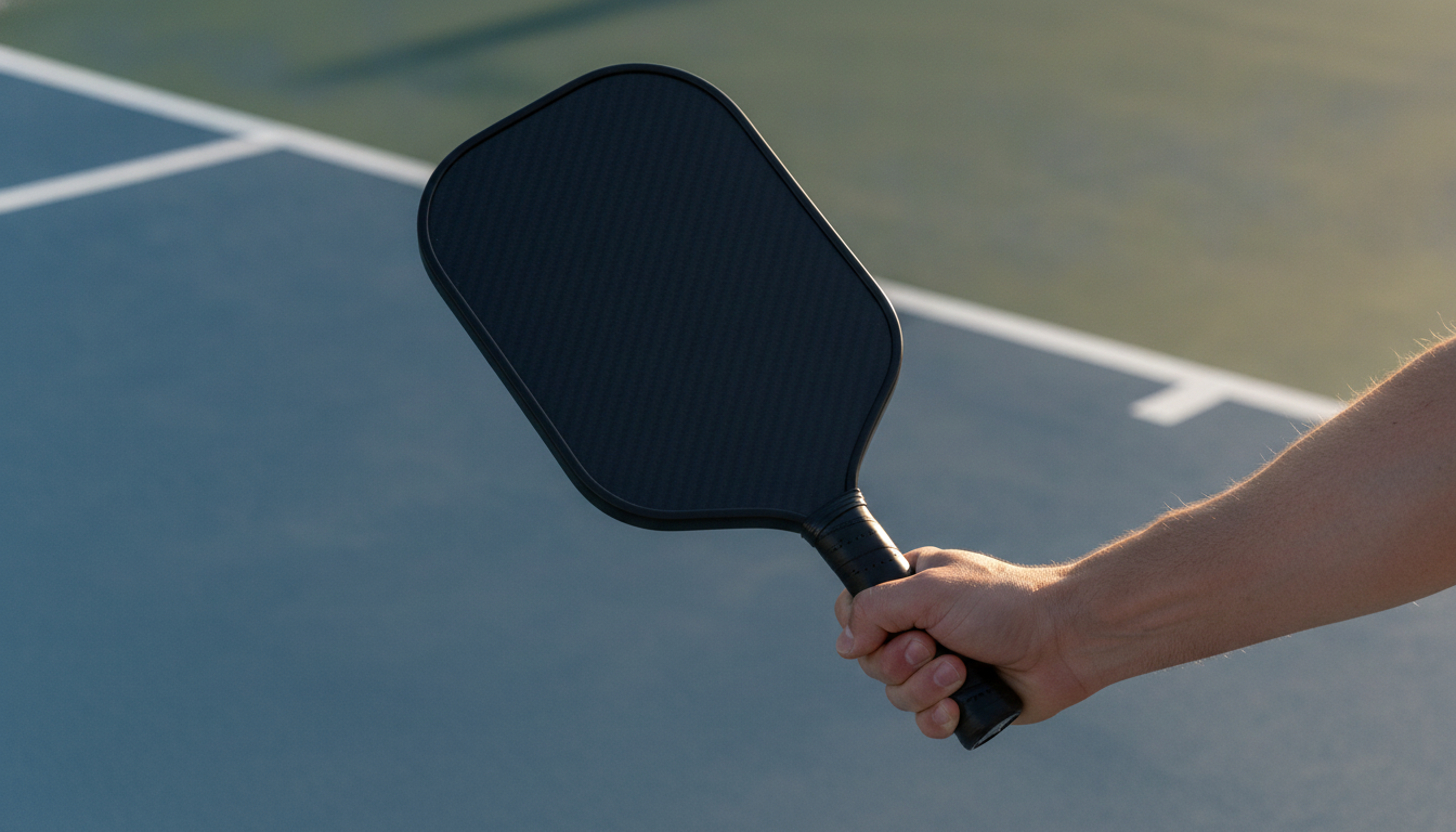 Player holding pickleball paddle at kitchen line in ready position on outdoor court