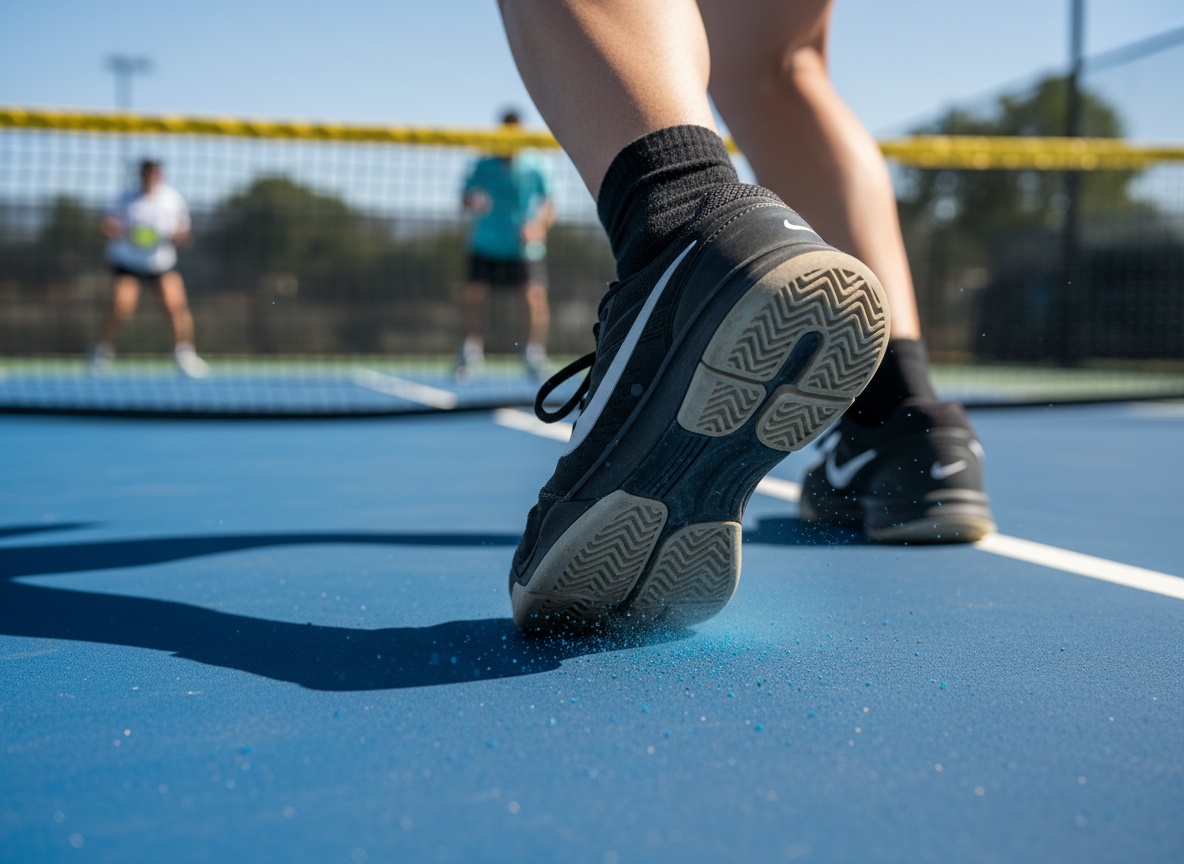Close-up of athletic court shoes making a lateral lunge movement on an outdoor pickleball court, showing outsole tread grip
