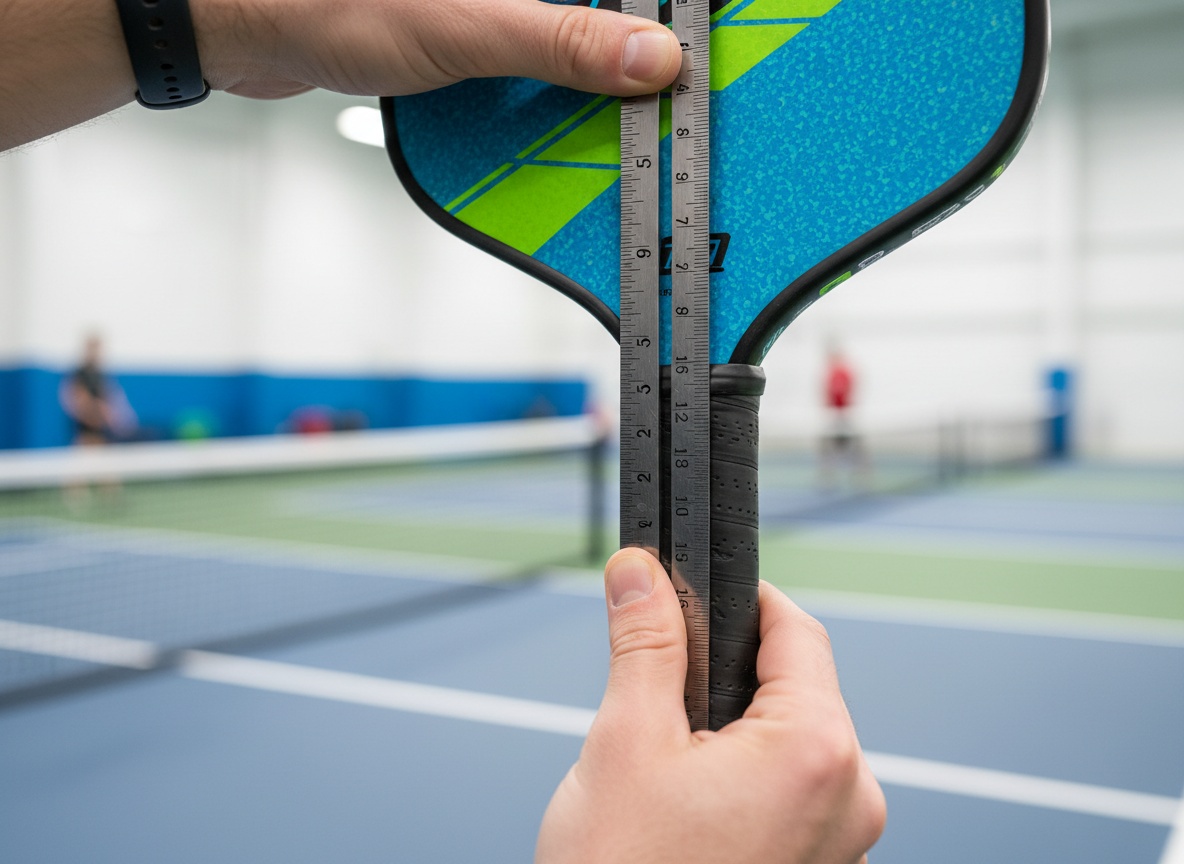 Hands measuring pickleball paddle grip size with a ruler along the handle — 30-second measurement method