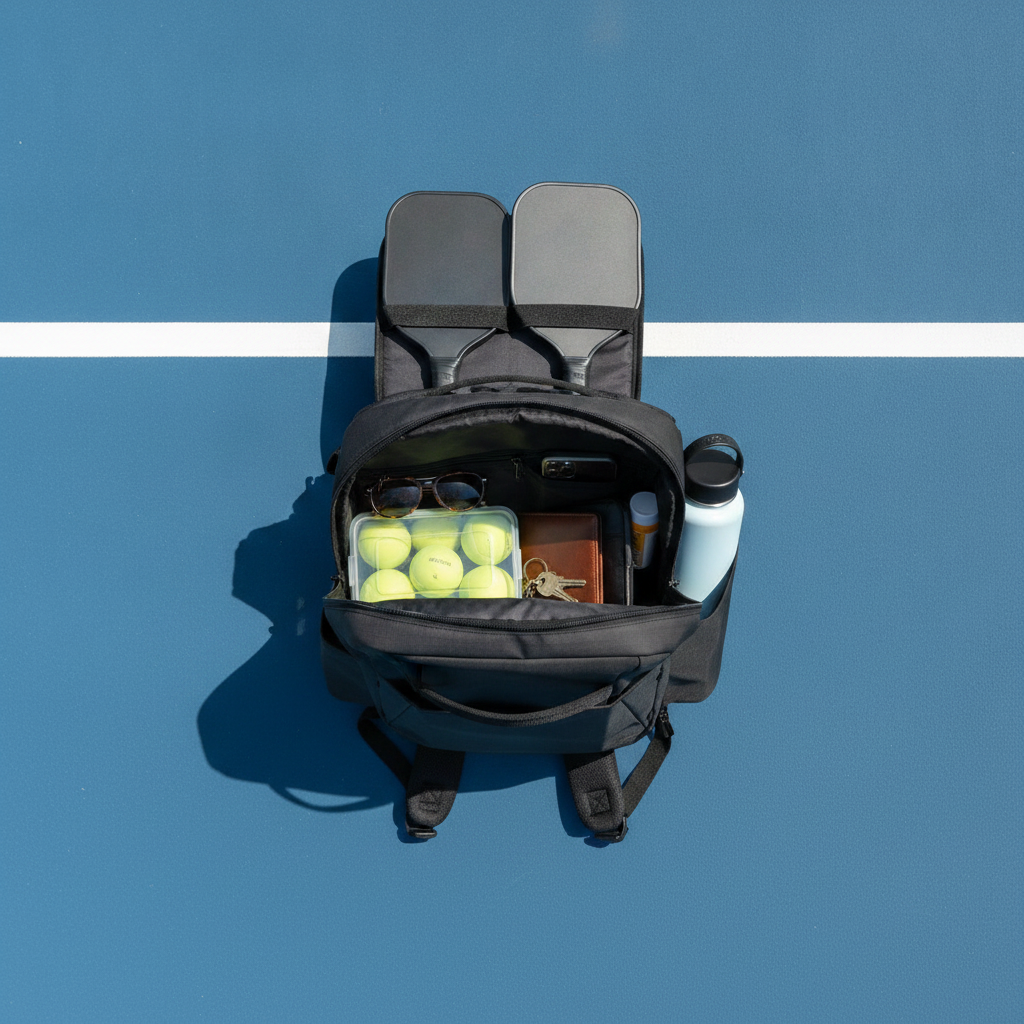 Selkirk Core Series Team Backpack open flat-lay showing organized interior compartments on pickleball court