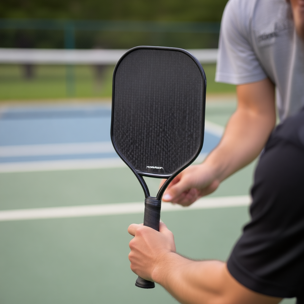 JOOLA Perseus Pro V 14mm pickleball paddle held at the kitchen line, carbon fiber face visible