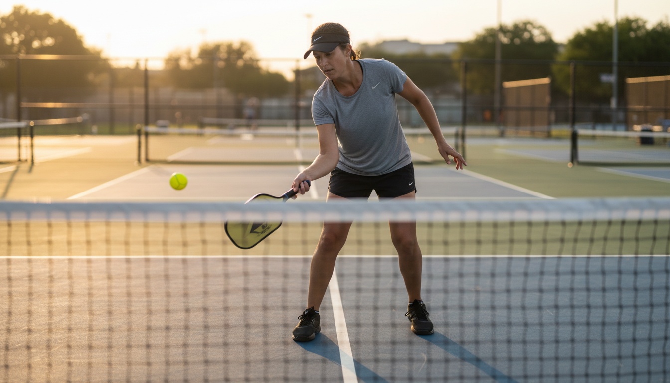 Pickleball player at baseline executing a third shot drop, paddle at open-face contact point, ball arcing toward the kitchen on outdoor court in golden afternoon light