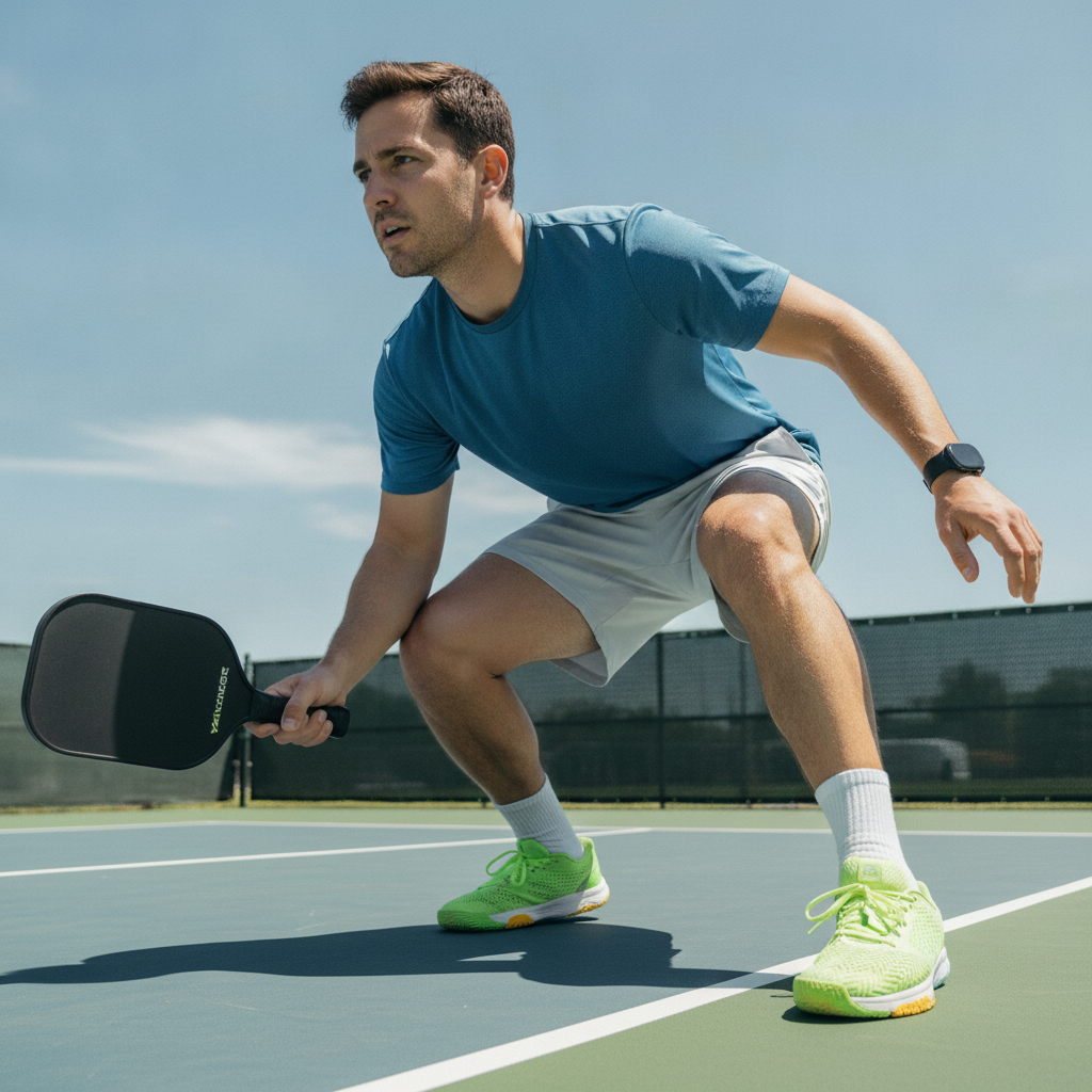 Player in athletic court shoes at the pickleball non-volley zone, ready position showing shoe traction on outdoor court